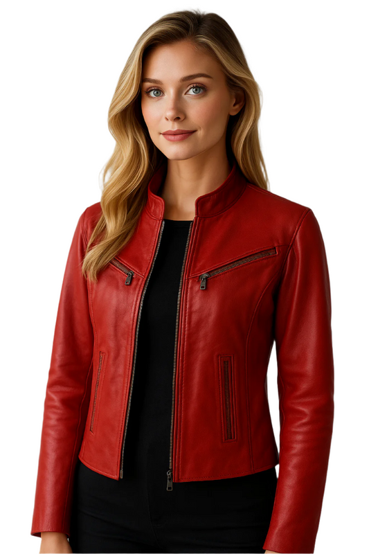 Women's Red Genuine Leather Moto Jacket