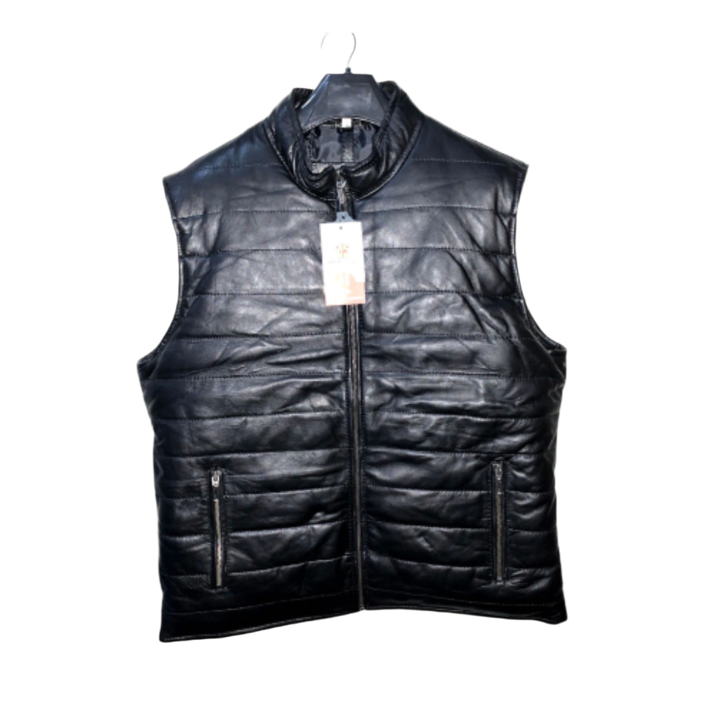 Classic Black Leather Gilet | Genuine Leather Quilted Puffer Vest with Stand Collar