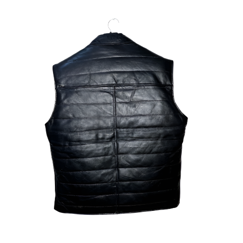 Classic Black Leather Gilet | Genuine Leather Quilted Puffer Vest with Stand Collar
