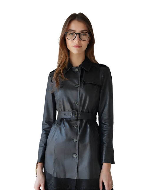 Timeless Black Leather Trench Coat | Effortless Urban Elegance