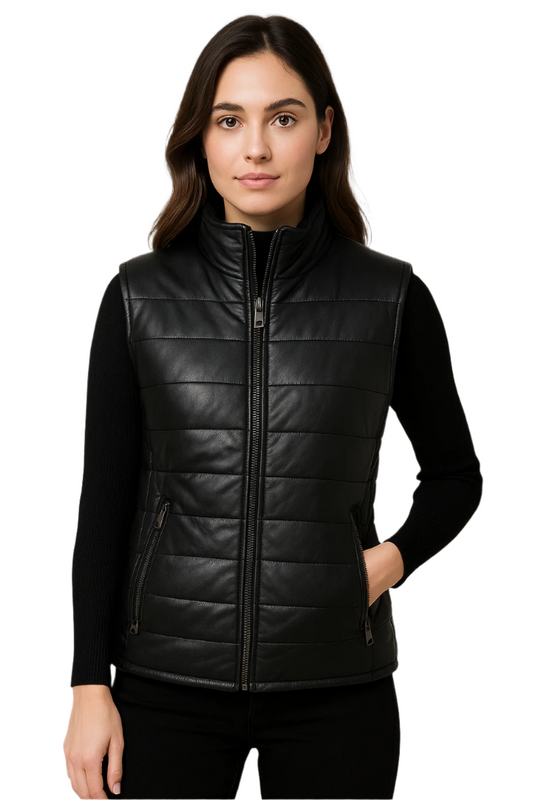 Classic Black Leather Gilet | Genuine Leather Quilted Puffer Vest with Stand Collar