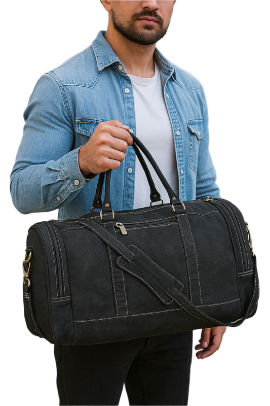 Black Suede-Style Duffel Bag with Contrast Stitching