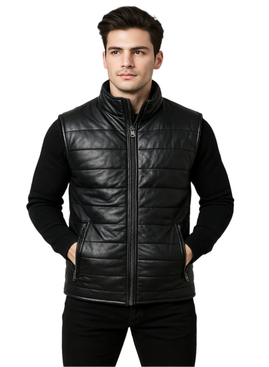 Classic Black Leather Gilet | Genuine Leather Quilted Puffer Vest with Stand Collar