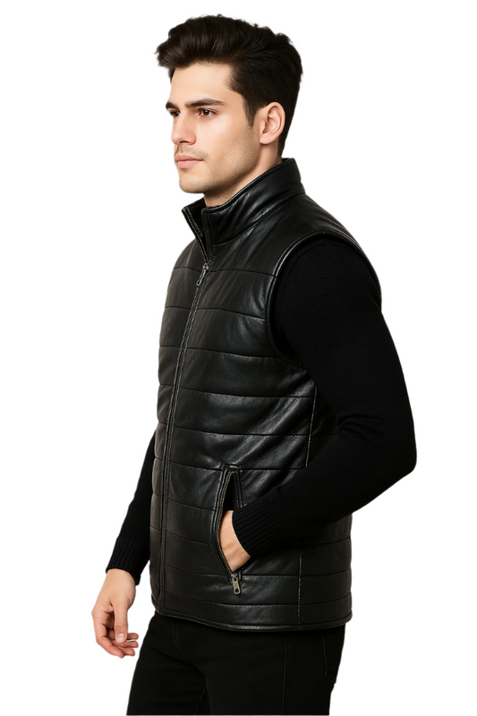 Classic Black Leather Gilet | Genuine Leather Quilted Puffer Vest with Stand Collar