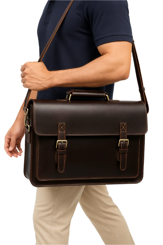 Classic Leather Briefcase with Top Handle and Shoulder Strap