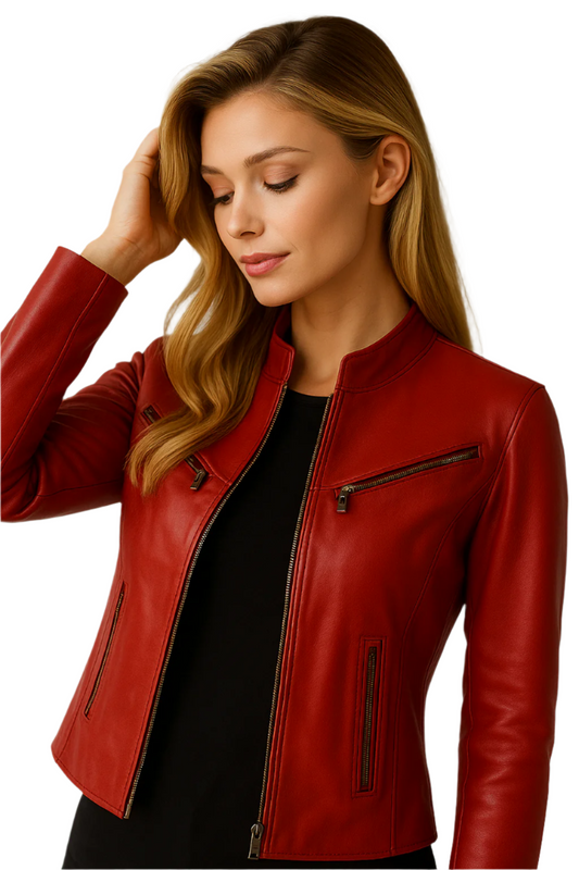 Women's Red Genuine Leather Moto Jacket