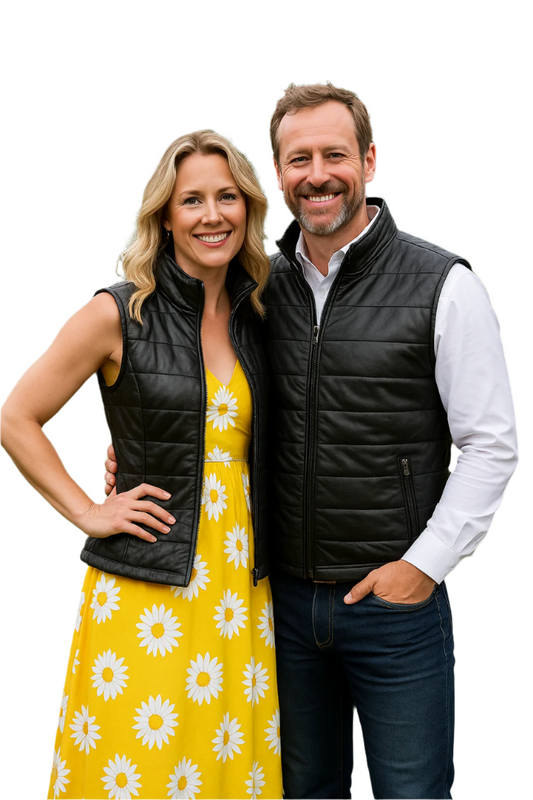 Classic Black Leather Gilet | Genuine Leather Quilted Puffer Vest with Stand Collar