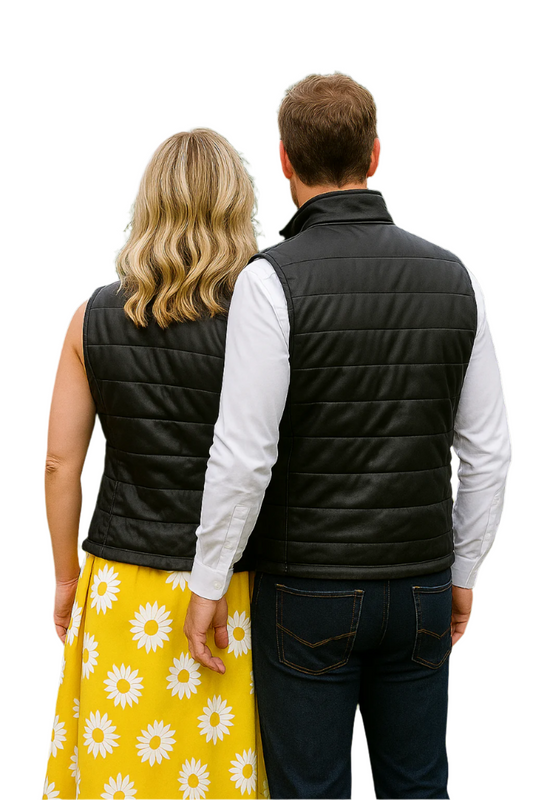 Classic Black Leather Gilet | Genuine Leather Quilted Puffer Vest with Stand Collar