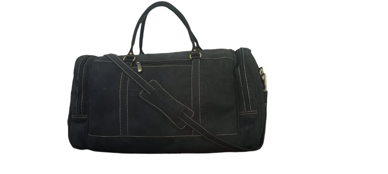 Black Suede-Style Duffel Bag with Contrast Stitching