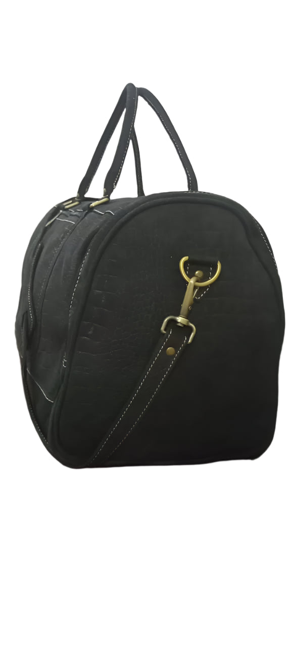 Black Suede-Style Duffel Bag with Contrast Stitching